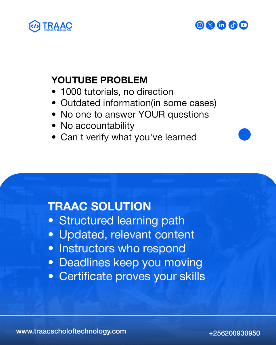 YouTube can teach concepts, but it can’t provide mentorship, feedback, or a clear learning path. TRAAC School of Technology offers guided, hands-on learning designed to build real-world skills with clarity, consistency, and confidence. #mastertec   #traacschooloftechnology