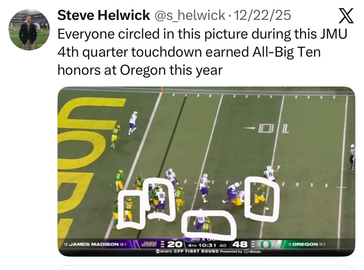 robertmjent's tweet photo. @k_a_m_CRNA @BJRains @dannykanell @BudElliott3 @joelklatt HUH? Do you even check the shit you say? Dante Moore played the entire game and the starting defense was getting scored on in the 4th. Now admit you’re wrong. https://t.co/B37MwUG8fk