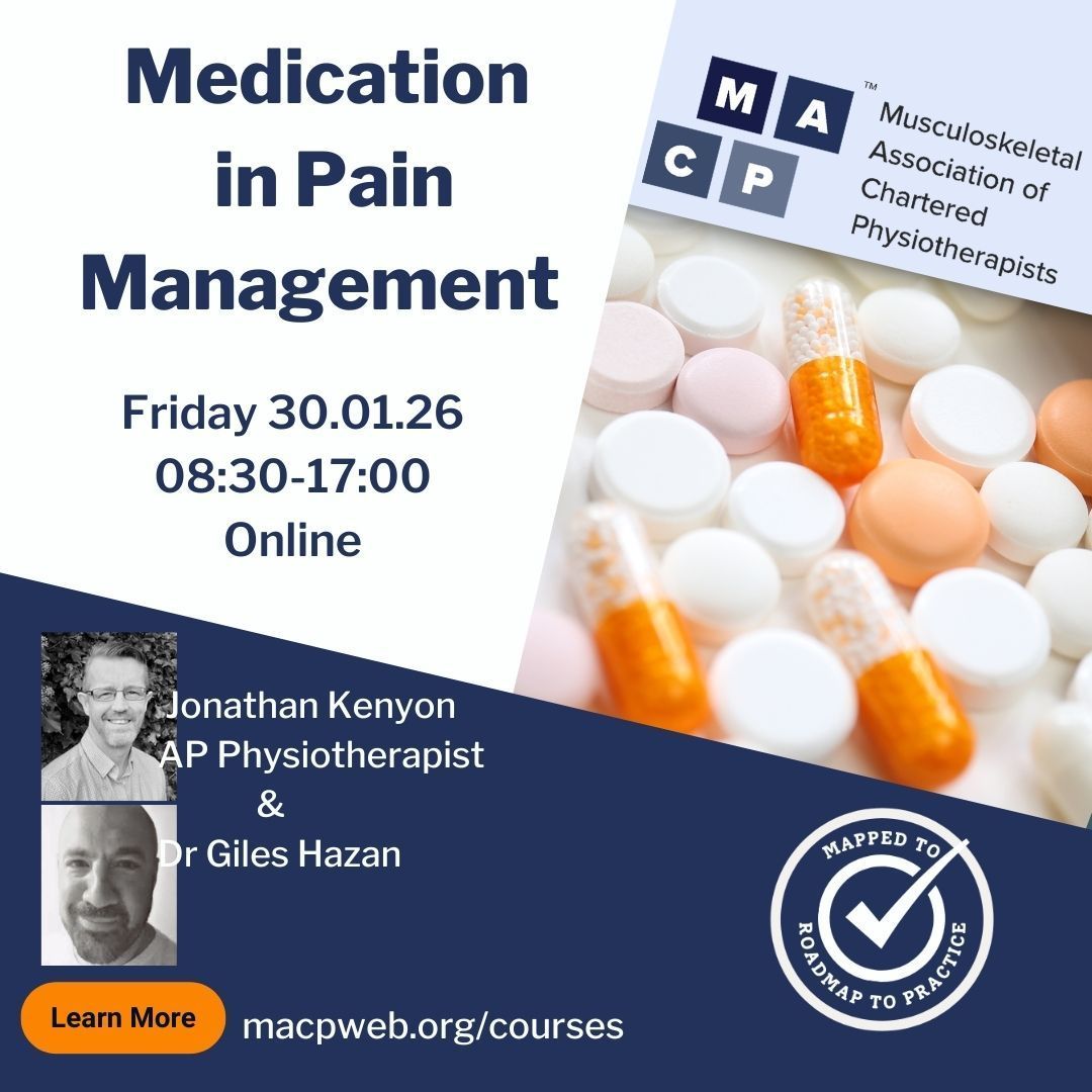 PhysioMACP's tweet image. Kick-start your CPD in 2026!

This brilliant course will help you better understand pain medications and better manage your patients. With expert tutors @gileshazan and @redarmadillo2

Book your place here  👇 
macpweb.org/events/calenda…