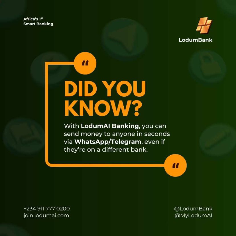 LodumBank's tweet photo. Your bank is closer to you than you can imagine!

We are right there in the chat!

on your telegram, WhatsApp!!

LodumAI Banking 

#Bank #SmartBank #LodumBank #LodumAIBanking #KabiesiAsemola #AIBanking https://t.co/7ENcyqUOg4