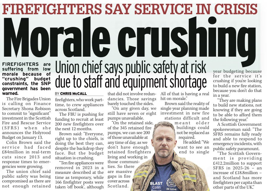 Cuts to <a href="/fire_scot/">Scottish Fire and Rescue Service</a> budgets = less appliances &amp; less firefighters.  

By underfunding our fire service the SNP gamble with <a href="/FBUScotland/">FBU Scotland</a> safety &amp; the safety of our communities.  

Scotland needs a government who will invest in our fire service.  The SNP have shown they won’t do it.