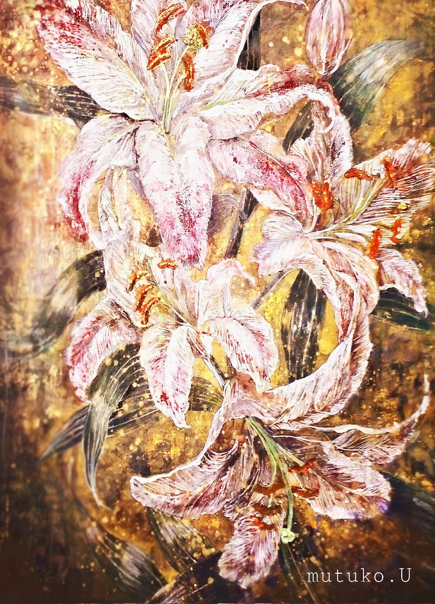19の時に描いた日本画です #日本画 #金箔 #百合の花