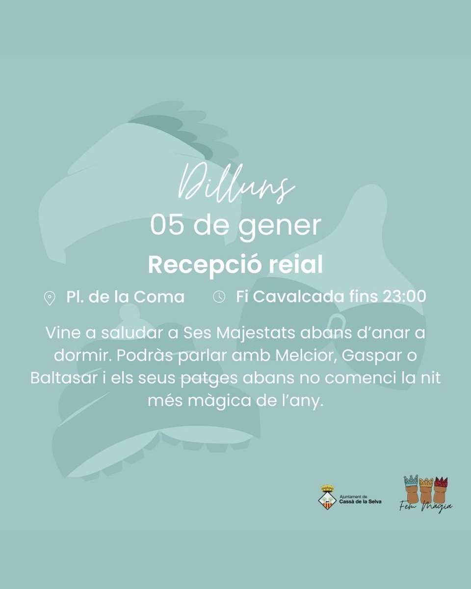 🤴🏻🤴🏽🤴🏿 S'acosta la nit més màgica de l'any!

📆 Dilluns 5 de gener
🕝 De 15 a 18 h - Campament Reial, al parc de l'Estació (de 15 a 16 h campament tranquil)
🕝 18.30 h - Inici de la Cavalcada
👉 Parc de l'Estació, rambla Onze de Setembre, carrer Marina, Indústria i plaça de la