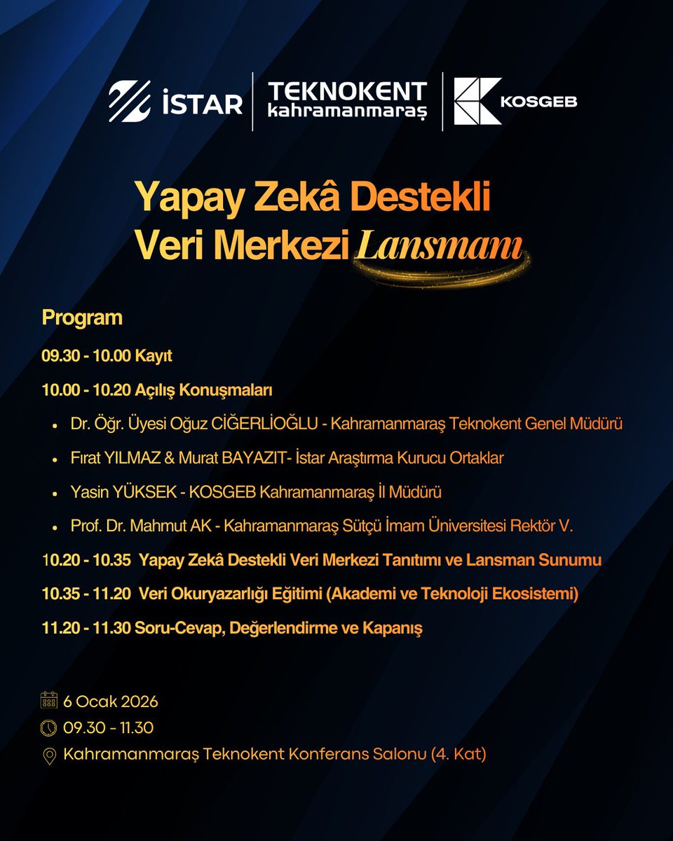 TGB firmalarımızdan İSTAR tarafından KOSGEB Tekno Yatırım Destek Programı kapsamında hayata geçirilen “DataBeeg Yapay Zekâ Destekli Veri Merkezi’nin” resmi lansmanı Kahramanmaraş Teknokent'te gerçekleştirilecektir.

📅 6 Ocak 2026 Salı
🕘09.30 – 11.30
📍Teknokent Konferans Salonu