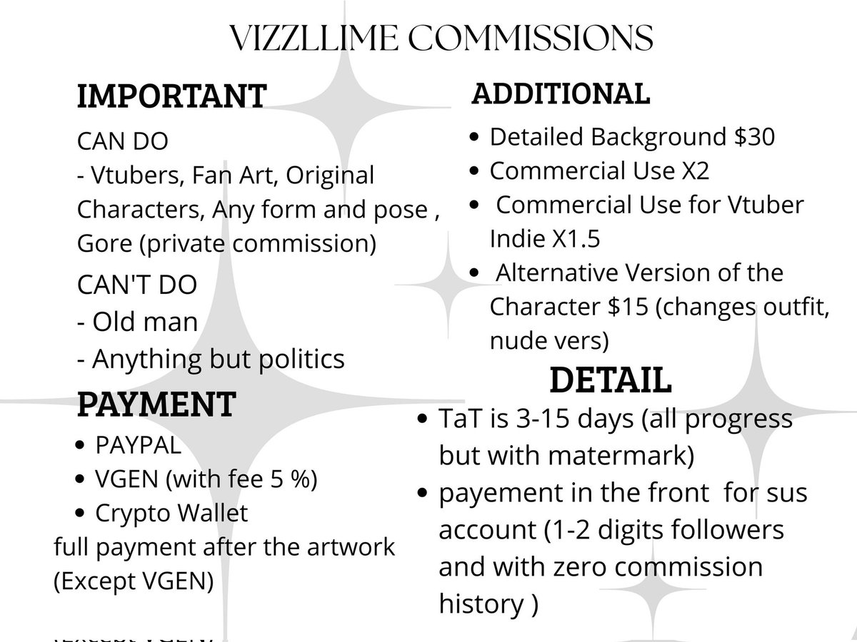 [RT &amp; shares are very appreciated]

Hi ! Bonjour~! Hola! Musta! ✨

This is My New Commission Sheet 🎀
The price is updated but I promise it’s worth it !
Please check it out 🙏🏻

TOS &amp; DETAIL on the sheet, for anything else just DM me 💌

✨THE BACKGROUND ARE FREE ✨