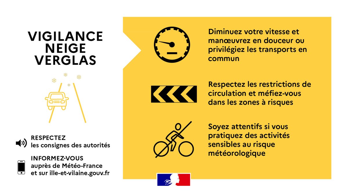 Image de Préfet de Bretagne et d'Ille-et-Vilaine - #Météo | 🟡 Le département d'#IlleEtVilaine est placé en vigilance jaune #neige #verglas.
Des plaque