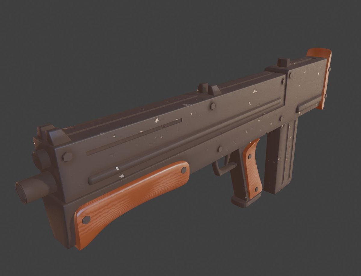 #b3d #blender #Suburb2045
38式散弾銃（BP）  マテリアル追加
マテリアルはテクスチャは使用せず、ノードでパラメトリックに設定。
モデリングは、Solidiy多用・Booleanで行い、メッシュ化や適用はしない非破壊的な造形手法。