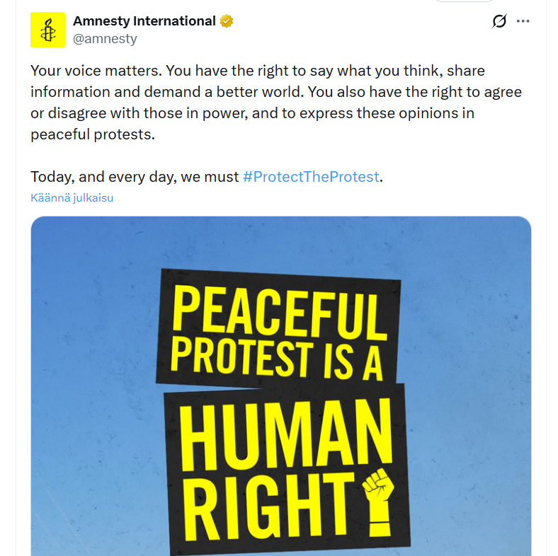 Amnesty kertoo, miten oikeus osoittaa mieltään on tärkeää. Se on ollut hyvin äänekäs Palestiinan suhteen.

Nyt, kun Iranissa protestoidaan islamisteja vastaan, Amnestystä ei irtoa kommenttia.
yle.fi/a/74-20202268

Ei yllätä: linjan mukaista.