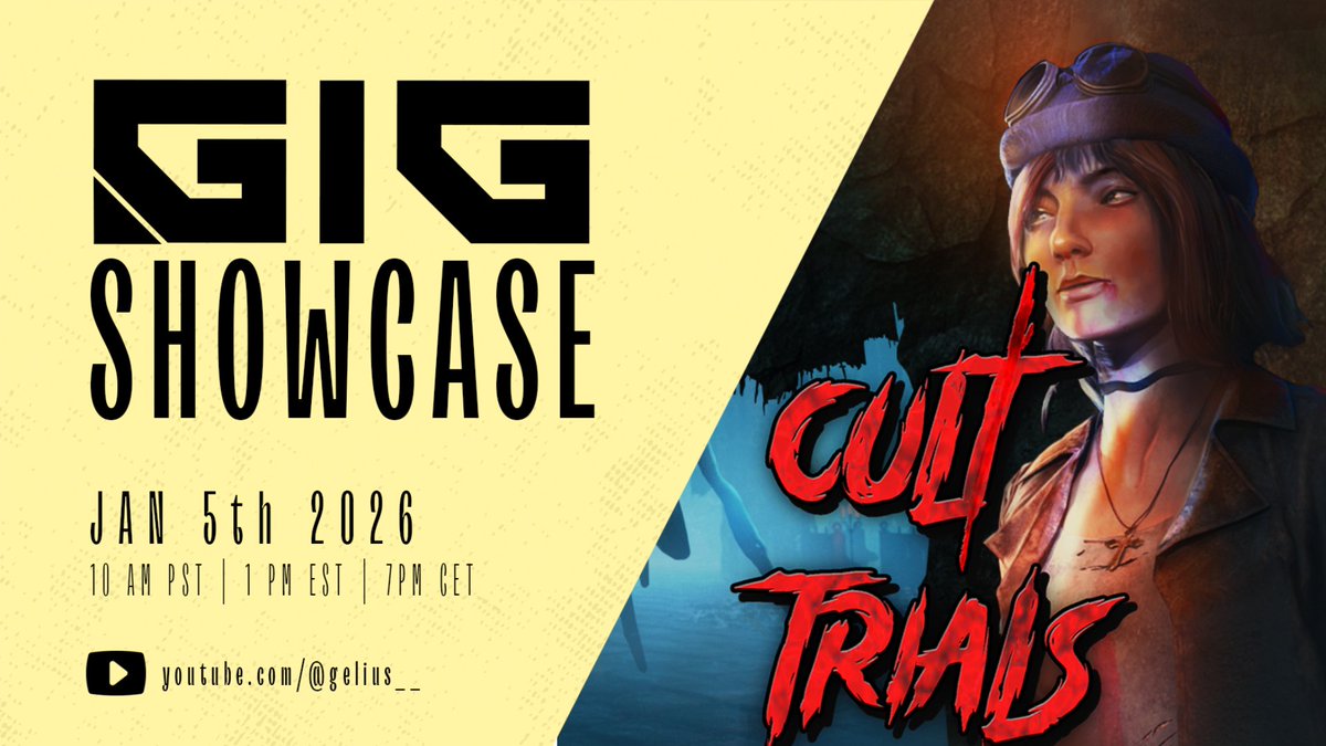 I'm super happy to tell you that GIG Showcase 2026 will be streaming on JANUARY 5th.
feautring -Cult Trials: Incarnation with <a href="/gelius__/">GELIUS 🎮</a> 
super excited!
store.steampowered.com/app/3417650/Cu…

#indiegame #indiedev #Steam #horrorgame