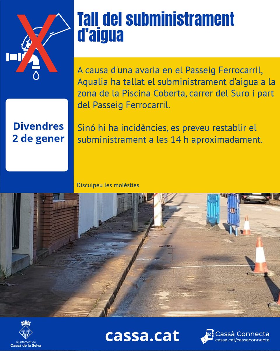 🔴 Tall de subministrament d'aigua 
🚧 A causa d'una avaria en el Passeig Ferrocarril, Aqualia ha tallat el subministrament d'aigua a la zona de la Piscina Coberta, carrer del Suro i part del Passeig Ferrocarril.
👉 Si no hi ha incidències, es preveu restablir el subministrament