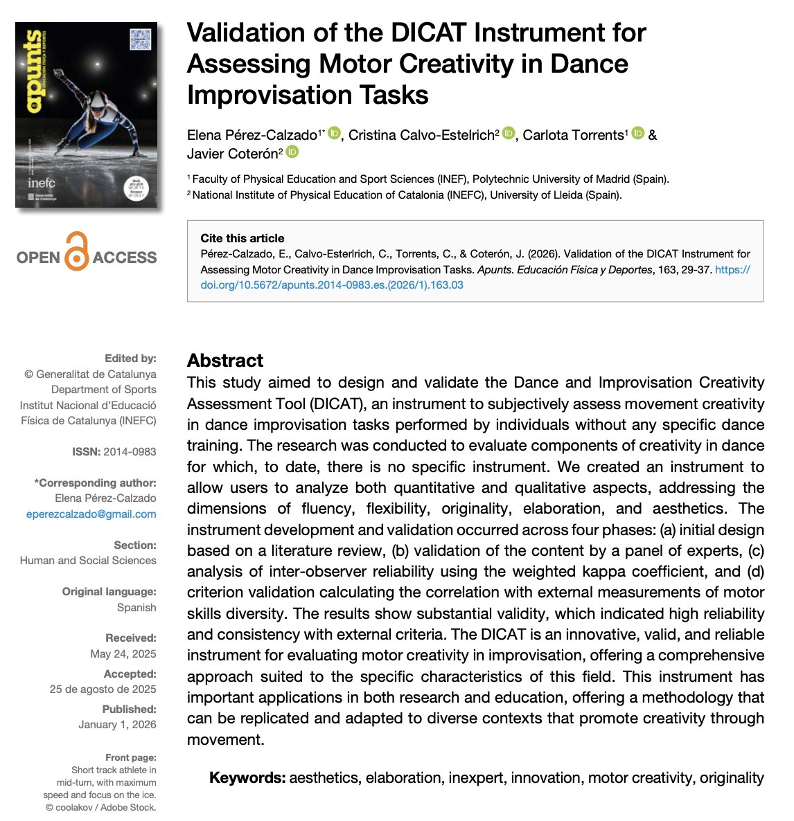 TorrentsCarlota's tweet photo. 🆕 New paper 👇

Validation of the DICAT Instrument for Assessing Motor Creativity in Dance Improvisation Tasks

Elena Pérez-Calzado,  @CriisCalvo,  @TorrentsCarlota  and  Javier Coterón 

@ComplexSSport 
@inefcat 
@ExpresivaAfyec 

https://t.co/YfZTmCpm5q https://t.co/pGIspo0IBl