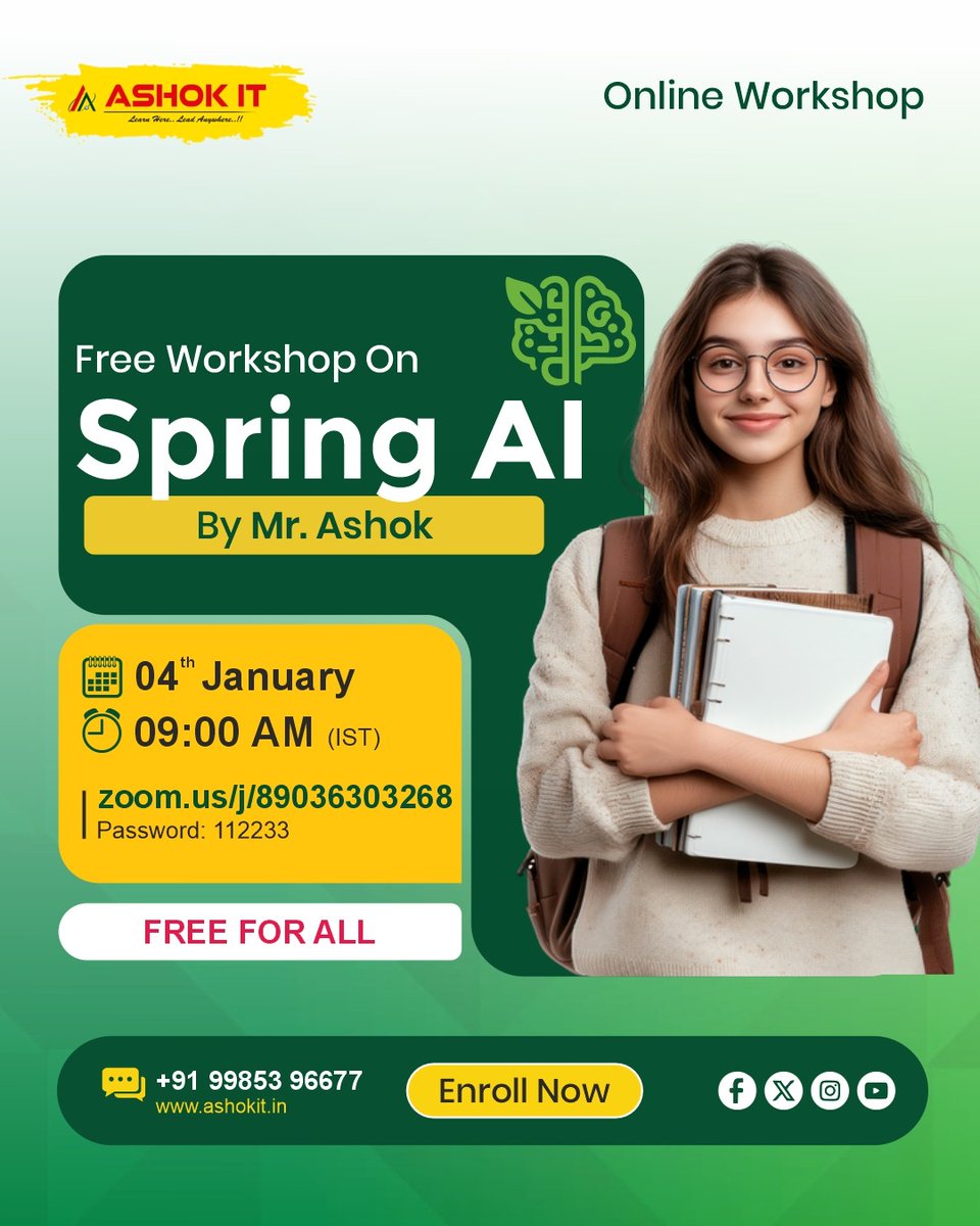 ashokitschool's tweet photo. 💻Free Online Workshop on Spring AI 🚀!
.
📲 Register Now:https://t.co/ashn7KJah8

👨‍🏫 Trainer:Mr. Ashok
📅 Starting on: 04th Jan 2026@09:00 AM (IST)
🖥️ Mode :    Online Training
.
#SpringAI #JavaWithAI #FreeOnlineWorkshop #AIForDevelopers #JavaTraining #SpringFramework https://t.co/DnTGkY7LDL