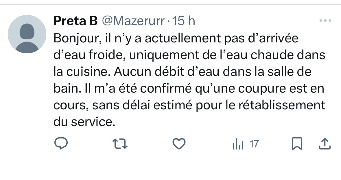 ⏳ 3 semaines sans eau dans ce #logementsocial

Pas d’eau froide, aucun débit dans la salle de bain, uniquement de l’eau chaude en cuisine.

Aucun délai annoncé. Des packs d’eau prévus ?

<a href="/Paris_Habitat/">Paris Habitat</a> <a href="/Mazerurr/">Preta B</a>