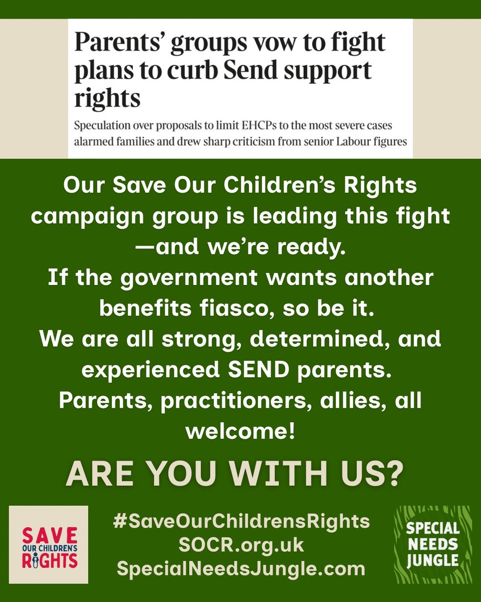 Our campaign group,  #SaveOurChildrensRights is leading this fight and we’re ready- if the government want another benefits fiasco, bring it on. We’re strong, determined SEND parents and aLLM are welcome. Are you with us?  Article: archive.is/ARzQU 
Socr.org.uk