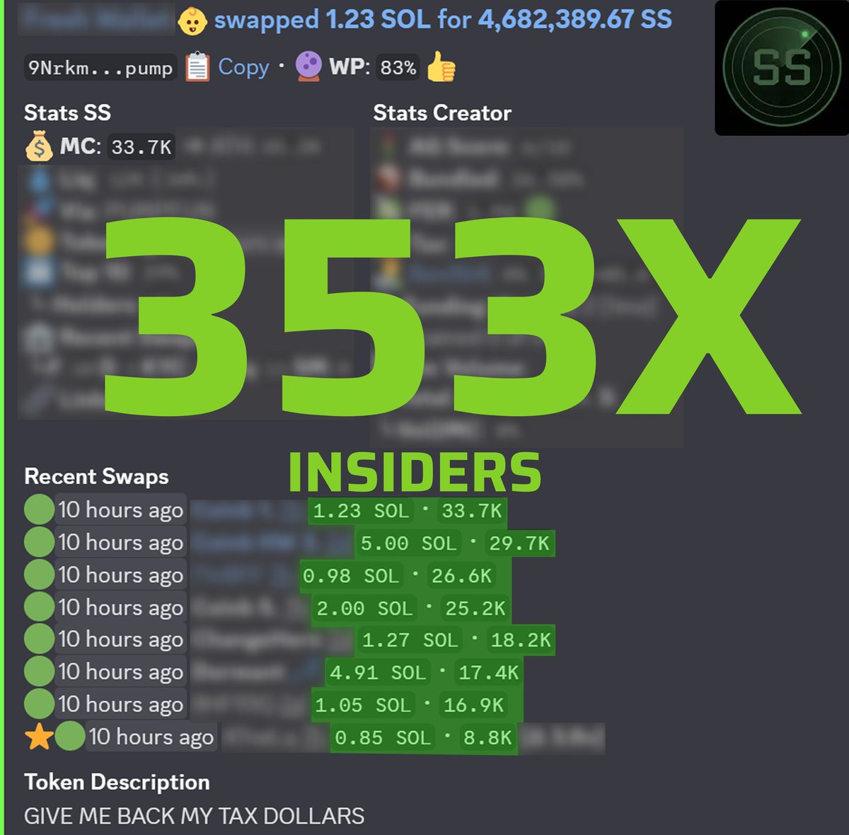 Insider alert 🚨

We spotted significant insider activity on $SS before the migration, making it easy for our holders to spot this trade 💰

This is the edge we provide, buy at the same time as insiders with <a href="/agsniperbot/">AG Sniper Bot</a> 🧑‍🌾