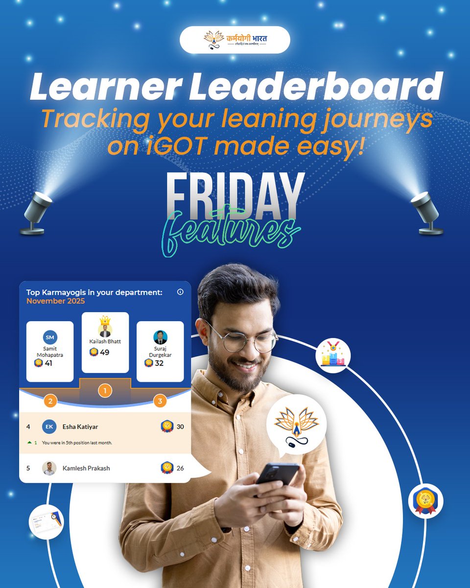 iGOTKarmayogi's tweet image. Track progress, see your rank within your department, and stay motivated with the Learner Leaderboard.
Every milestone counts—every step strengthens governance.

Log in. Check your position. Keep learning.

#FridayFeatures #MissionKarmayogi #CapacityBuilding #PublicService