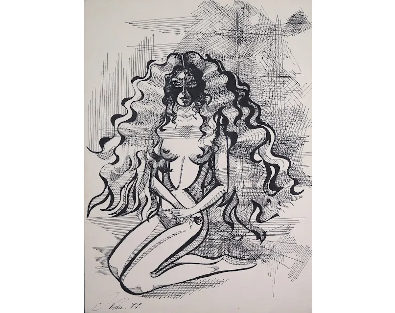 nhowaizi's tweet photo. Neda Howaizi. La jeune femme à la rose, dessin à l'encre de Chine, 1977 - 23 x 32 cm https://t.co/lYW7wN3cZB https://t.co/mK3H1AZaqh