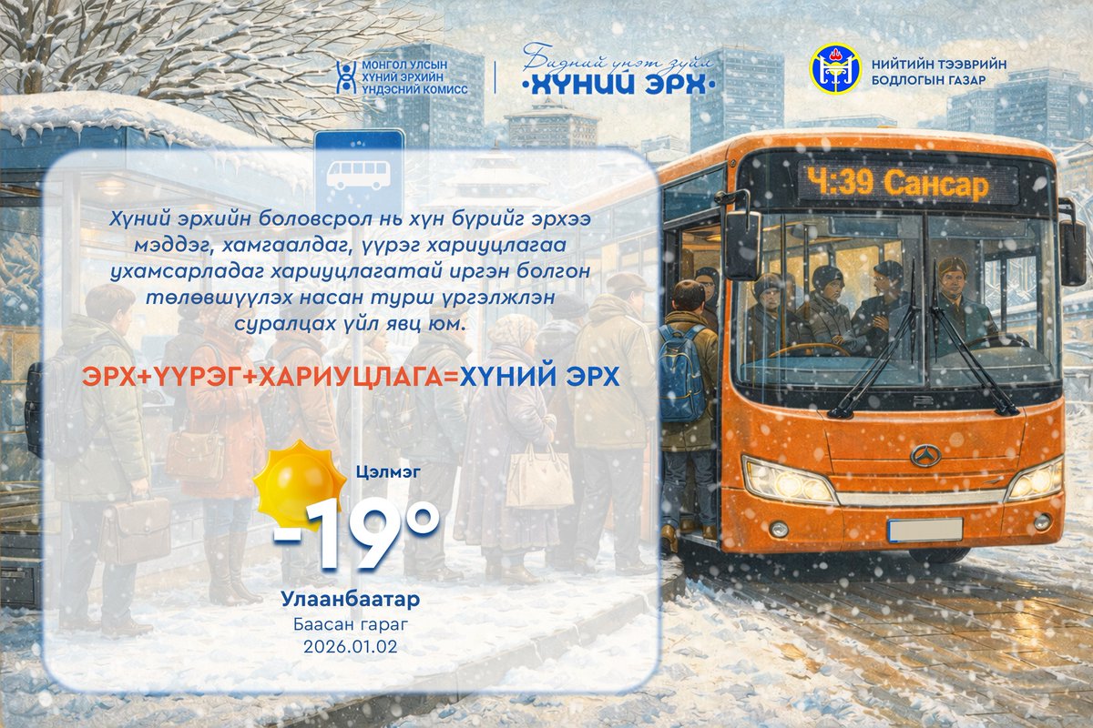 ХЭҮК Нийслэлийн Нийтийн тээврийн бодлогын газартай 2026 онд хамтран ажиллана

Хүний эрхийн боловсрол олгох, хүний эрхийн зөрчлөөс урьдчилан сэргийлэх чиглэлд Монгол Улсын Хүний эрхийн Үндэсний Комисс Нийслэлийн Нийтийн тээврийн бодлогын газартай өнөөдрөөс эхлэн (2026.01.02)