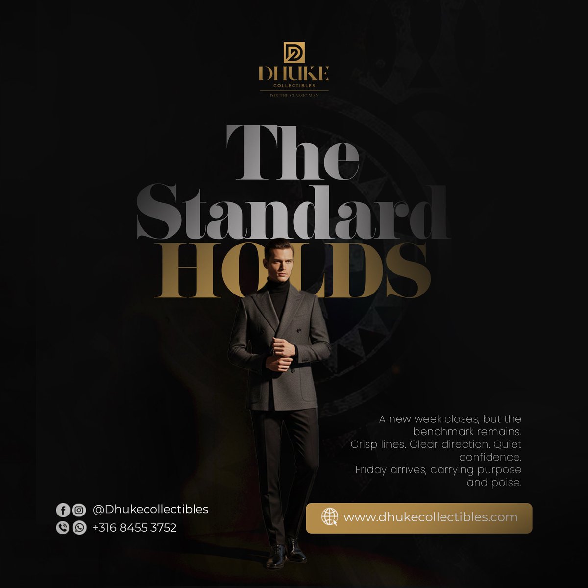 DhkCollectibles's tweet photo. The standard holds.
First Friday of the year—clear focus, quiet confidence, refined presence.
Start strong. Stay intentional.
Unmistakably Dhuke.
#TGIF #NewYearStyle #Menswear #JanuaryMood #DhukeCollectibles https://t.co/6MHoeIiYNU