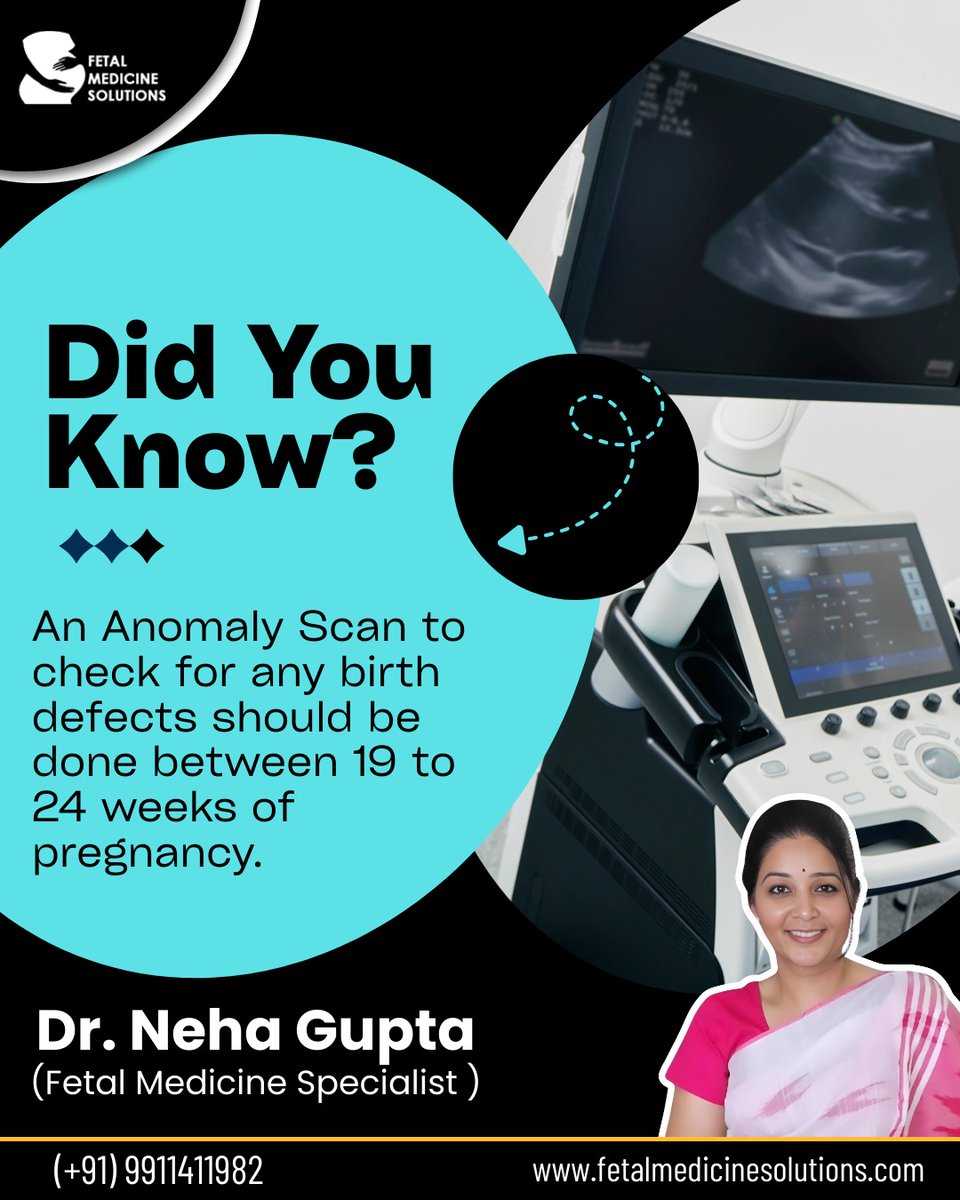 MedicineFetal's tweet image. Did You Know?
An anomaly scan to check for any birth defects should be done between 19 to 24 weeks of pregnancy.
-
👩‍⚕️Dr. Neha Gupta,  Fetal Medicine Specialist in Noida 
.
📞 +91 9911411982

#DidYouKnow #AnomalyScan #PregnancyCare #FetalMedicine #BirthDefectScreening