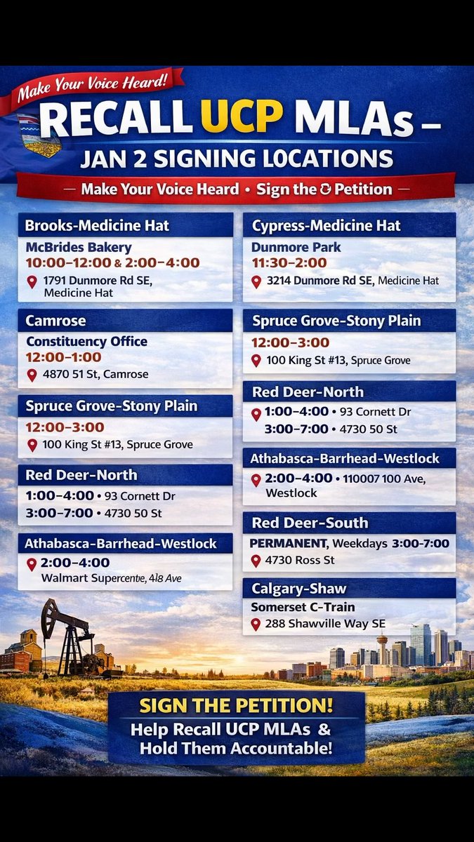 MujahidZulkifl's tweet image. Alberta residents across multiple ridings will have the opportunity on January 2 to sign recall petitions for their local MLAs.

These signing events come amid widespread public dissatisfaction over healthcare access, affordability, and trust in government decision-making.…