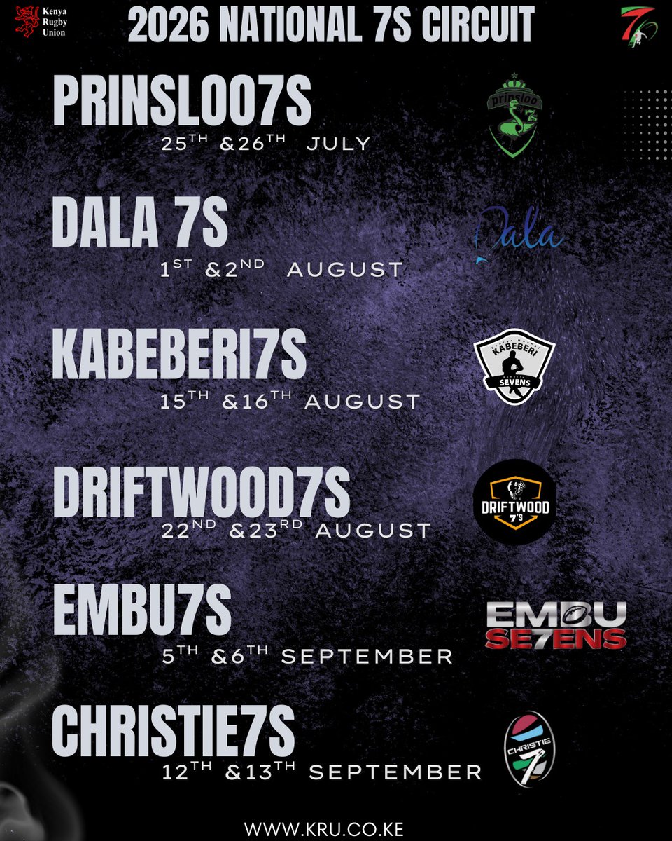 OfficialKRU's tweet photo. Confirmed dates for the 2026 National Sevens Circuit.
Mark your calendars brethren,we are about to eat good this year!! https://t.co/BnvIHvpbZx