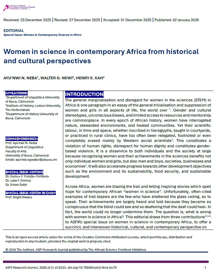 AfricanScience2's tweet image. JUST PUBLISHED

Women in science in contemporary Africa from historical and cultural perspectives

BY NEBA ET AL.

ASFIRJ link: asfirj.org/content/?sid=0…

DOI link: doi.org/10.70040/asfir…