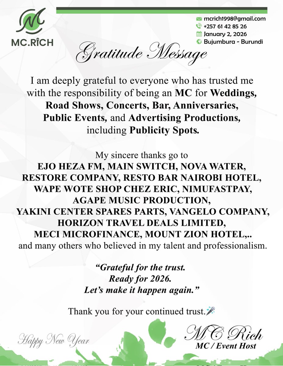 mc_rich1's tweet photo. “Thank you to all individuals and companies who trust me as their #MC. Your confidence pushes me to always give my best.”
@Bujaprov2025 
@Sir_Umuhirwaa2 
#Burundi #Rwanda #Tanzania #DRC #Kenya #Uganda #USA #箱根駅伝 https://t.co/iwLFvCDZ03
