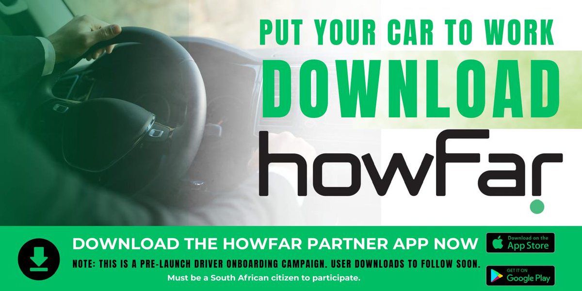 howFarInc's tweet photo. HAVE A CAR?

PUT IT TO WORK

DOWNLOAD THE HOWFAR PARTNER APP NOW!!!

#e-hailing #app #drivers #proudlysouthafrican #southafricanfirst https://t.co/ltTfhfMLJW
