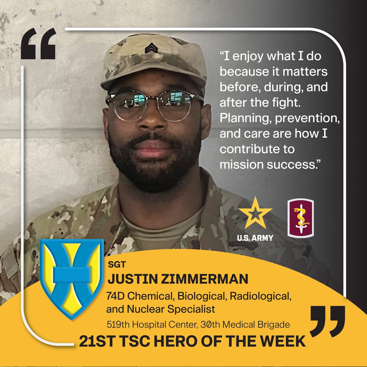 Meet Sgt. Justin Zimmerman, a 74D Chemical, Biological, Radiological, and Nuclear Specialist who serves with the 519th Hospital Center, 30th Medical Brigade. He expertly planned and executed the 519th HC CBRN range, enabling Soldiers to conduct critical protective-mask training. https://t.co/s79GVSQjGX