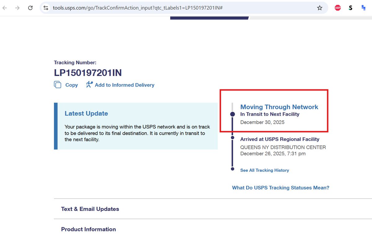 FetchNBuy's tweet photo. @USPSHelp Tracking Number: LP150197201IN appears to be stuck since December 30, 2025

Kindly get this forwarded to the recipient. https://t.co/U3MU6aAsxt
