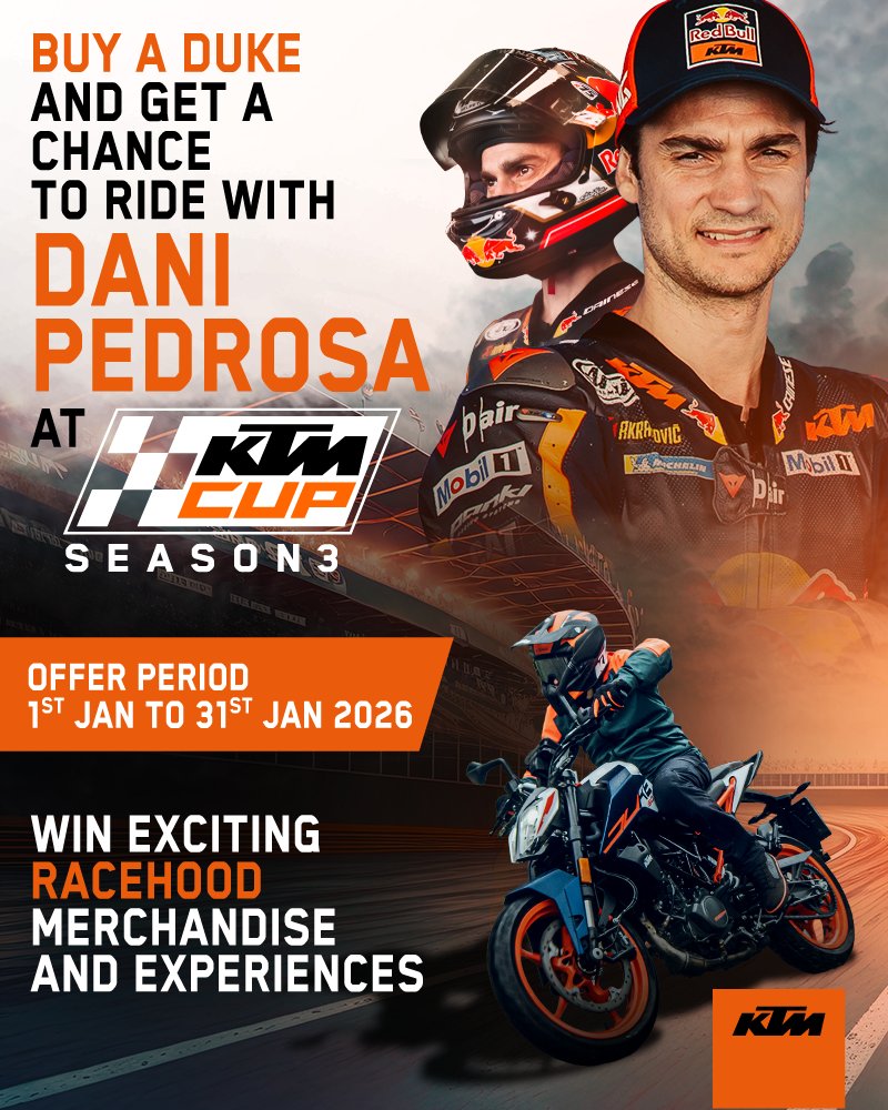 India_KTM's tweet photo. Buying a Duke has its perks.
For starters, you could meet MotoGP Legend Dani Pedrosa.
Ride alongside him at the KTM Cup S3.
Or Win exclusive Racehood merchandise.
This isn’t just ownership.
This is about discovering Racehood with KTM Duke.
#KTMIndia #KTMCupSeason3 #KTMDUKE https://t.co/SyzrimMWIe