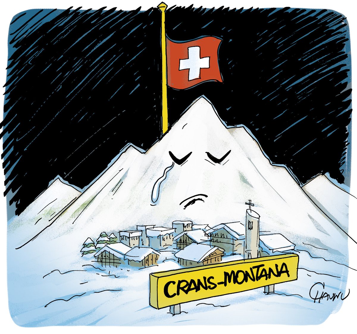 EmmanuelChaunu's tweet image. ✏️ dessin du jour pour @_lunion la Suisse en deuil après le terrible incendie dans une station de ski lors du Nouvel an. #suisse #actu