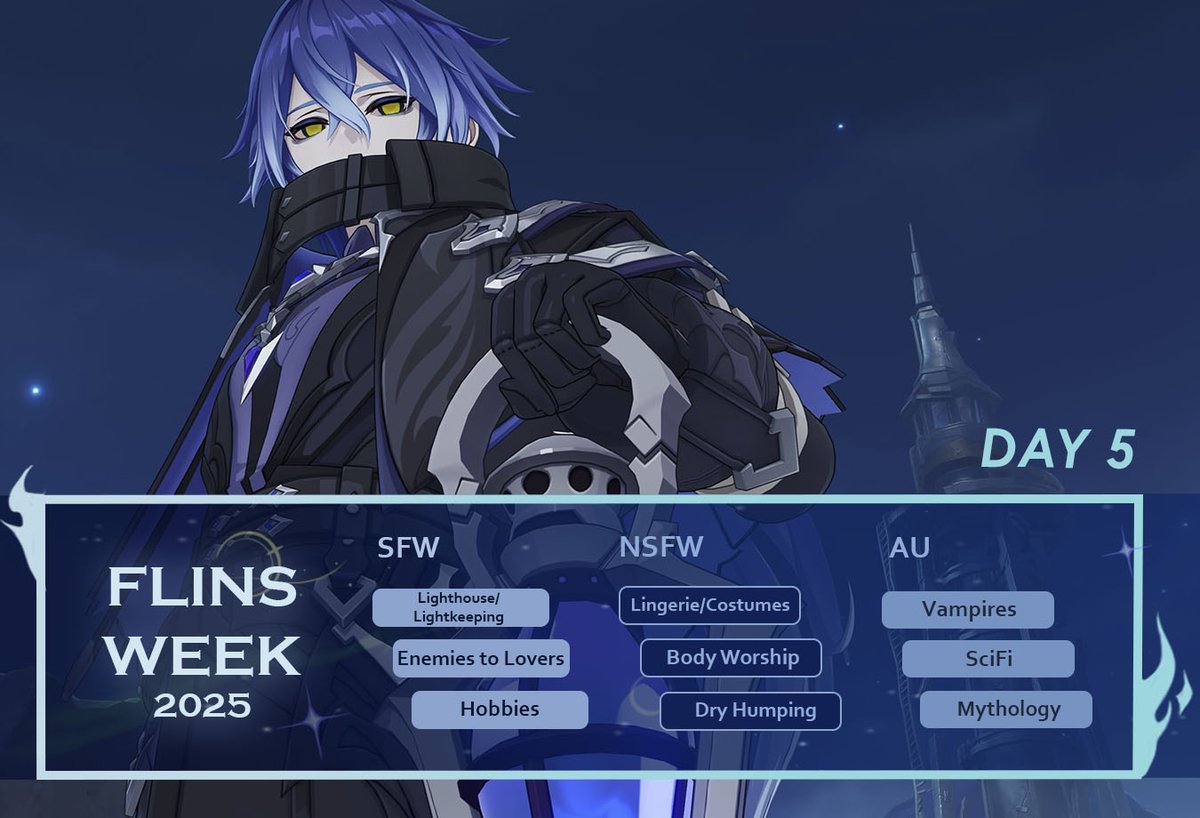 FlinsWeek's tweet image. Day 5 of Flins Week! 🕯️✨  
Today's prompts are waiting for you ↴  

Make sure to tag your works:  
#FlinsWeek2025 &amp;amp; #FlinsWeek2025NSFW  

(NSFW hashtag still doesn't work properly, so don't hesitate to tag us)