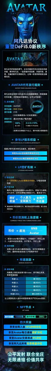 优秀标的推荐：
1、重塑DeFi5.0新秩序，新模型，新机会。
2、去中心化强通缩，纯链运行，公开透明。                                       3、国际IP（阿凡达）+强社区+生态落地。
4、0.1BNB即可参与，真正适合散户，屌丝逆袭的大好机会。
CA：0x6f4f75c8d7606eda2f929f9db6f11f012d6ca777