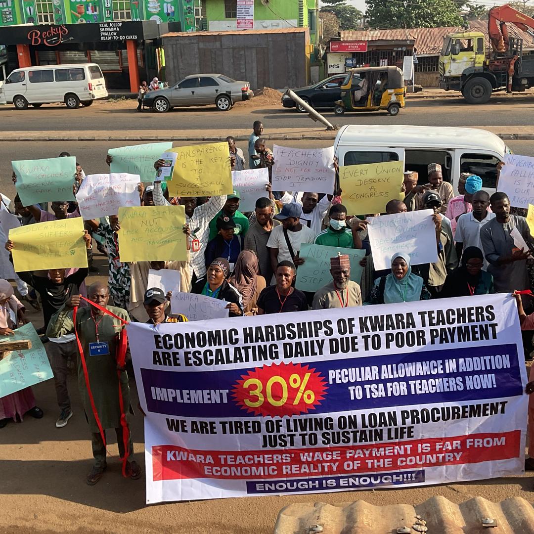 Kwara State Teachers currently protesting in Kwara for the exclusion of them in the recently added 30% peculiar allowance to other state parastatals. 
<a href="/followKWSG/">Kwara State Government</a> <a href="/vdmempire/">VERYDARKMAN</a> <a href="/GuardianNigeria/">The Guardian Nigeria</a> <a href="/channelstv/">Channels Television</a>