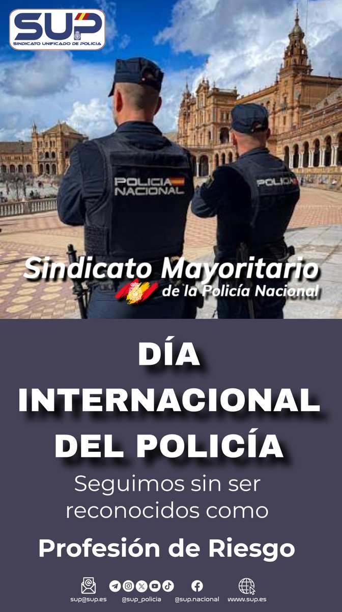 En el #DíaInternacionalDelPolicía queremos recordar que, a nivel mundial, son muy pocos los países que no reconocen a su #PolicíaNacional como #ProfesiónDeRiesgo.
España es uno de ellos.
Nuestra labor es peligrosa. Estamos siempre de servicio, disponibles las 24 horas, actuando