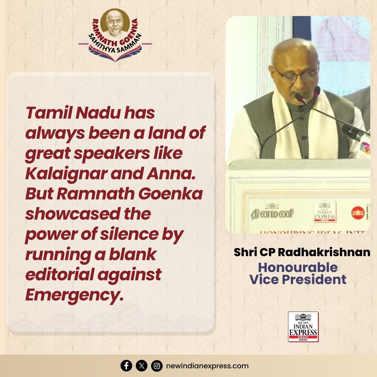 NewIndianXpress's tweet image. No nation can emerge without fearless literature and journalism, says Honourable Vice President CP Radhakrishnan at the third Ramnath Goenka Sahithya Samman.

#RamnathGoenkaSahithyaSamman #IndianLiterature #Books #Authors #TheNewIndianExpress

@santwana99 @etteth @CPR_VP…