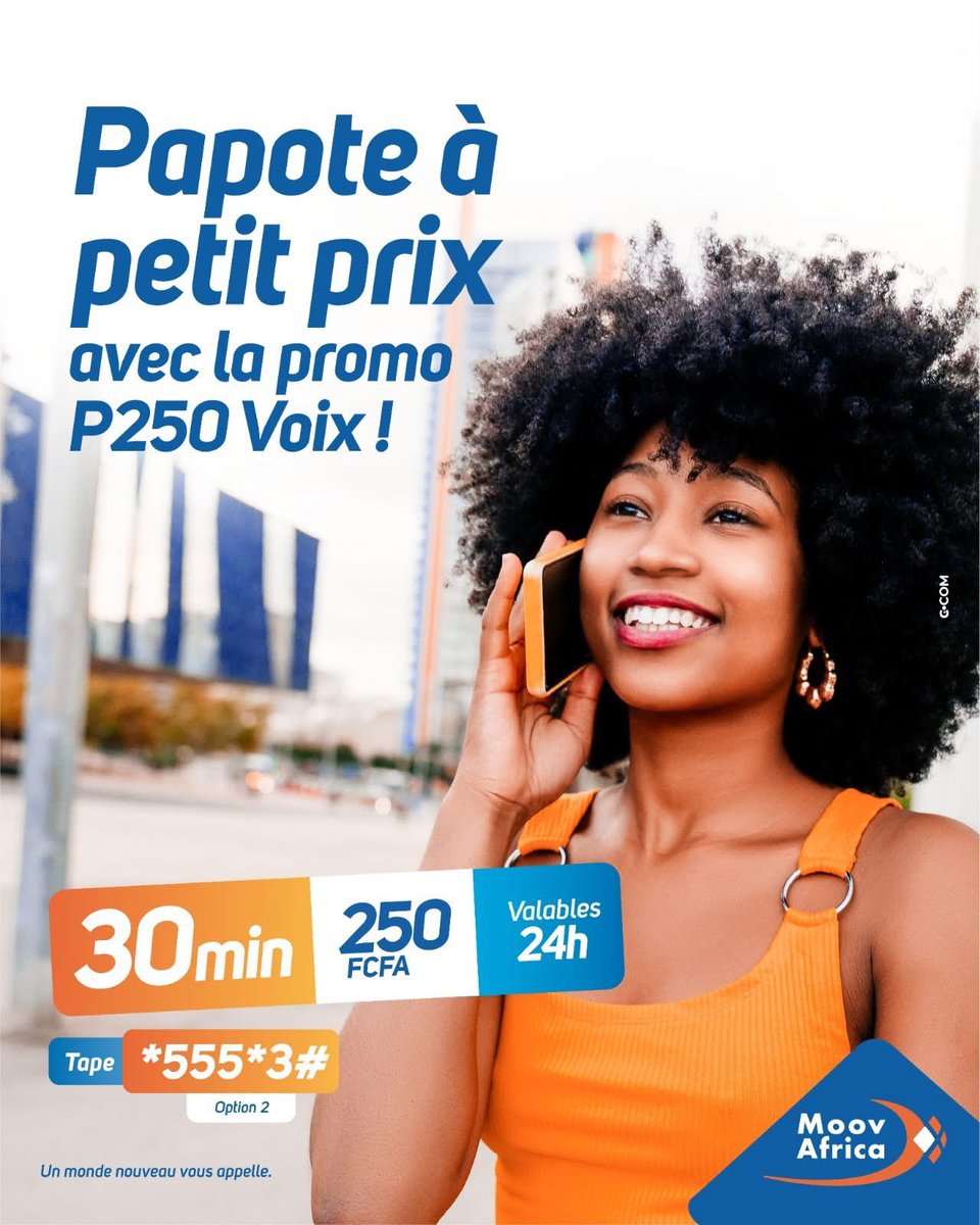 moovafricatg's tweet photo. Tchalé ! O tentéa #MegaPromo voa ? 😎

C’est le moment parfait pour activer et appeler toute la famille, raconter tous les détails de la fête et partager les rires et l’ambiance avec ceux que tu aimes avec la Promo P250, 30 min d’appels pour seulement 250 F, valables 1 jour. 🎉

Pour souscrire, tape *555*3#, option 2.

#MoovAfricaTogo
#ConnectesAuMeilleur