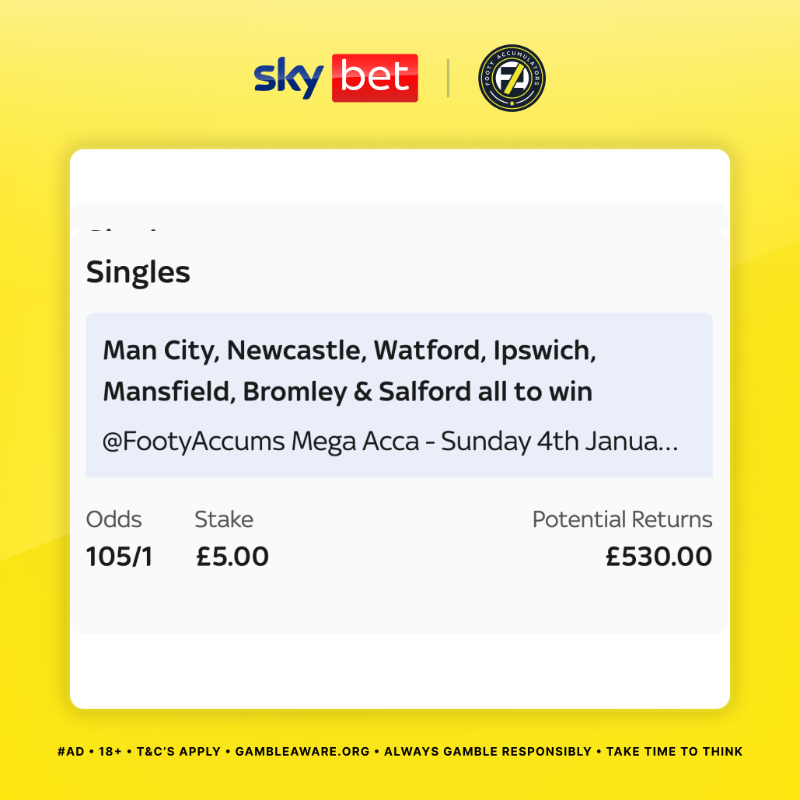BettingHub's tweet photo. BOOSTED TO 105/1 ⬆️

Footy Accumulators have picked this Mega Acca with Sky Bet for Sunday's football:

Man City
Newcastle
Watford
Ipswich
Mansfield
Bromley
Salford

Add it to your betslip!

Ad | 18+ | GambleAware | Price correct as of 9:38am on 2/1/26 | Always Gamble Responsibly