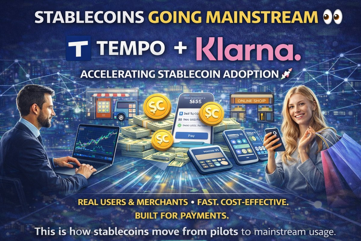 This is a massive signal 👀

<a href="/tempo/">Tempo</a> welcoming <a href="/Klarna/">Klarna</a> to the ecosystem to accelerate stablecoin adoption across real users and merchants.

Fast. Cost-effective. Purpose-built for payments.

This is how stablecoins move from pilots to mainstream usage.