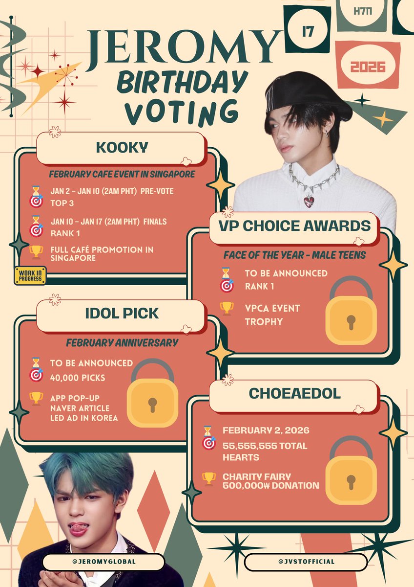 [🎉] 260102 JEROMY 17TH BIRTHDAY VOTING

Happy 2026! 🎊 One month before Jeromy's special day, let's kick in the preparation and vote for our tiger on different apps for his special day!

Listed below is your guide in voting for Jeromy ✨

#HORI7ON #JEROMY #제로미 #HORI7ON_JEROMY