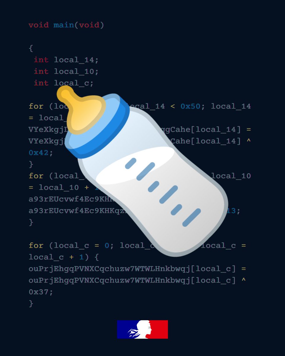 ANSSI_FR's tweet image. 🍼 Babyfuscation n'est pas un exercice pour enfants 
mais bien une épreuve de #reverse (très) légèrement obfusquée !

🕵️ Votre objectif ? Analyser un programme dont le code a été rendu moins lisible (obfuscation) et retrouver le flag.

🔗RDV sur : hackropole.fr/fr/challenges/…