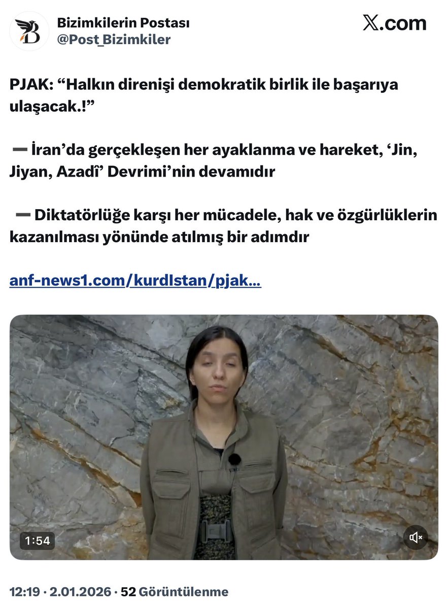 ABD başkanı Trump, “ayaklanmaya destek olmak için İran’ı vurmaya hazırız” deyince günlerdir provokasyon için yayın yapan İsrail Mossad hesabı ile onlara uşaklık yapan PKK’nın Suriye kolu PJAK da açıklama yaparak üzerine atlamış.
PKK ve Türkiye, İran, Suriye, Irak şubeleri