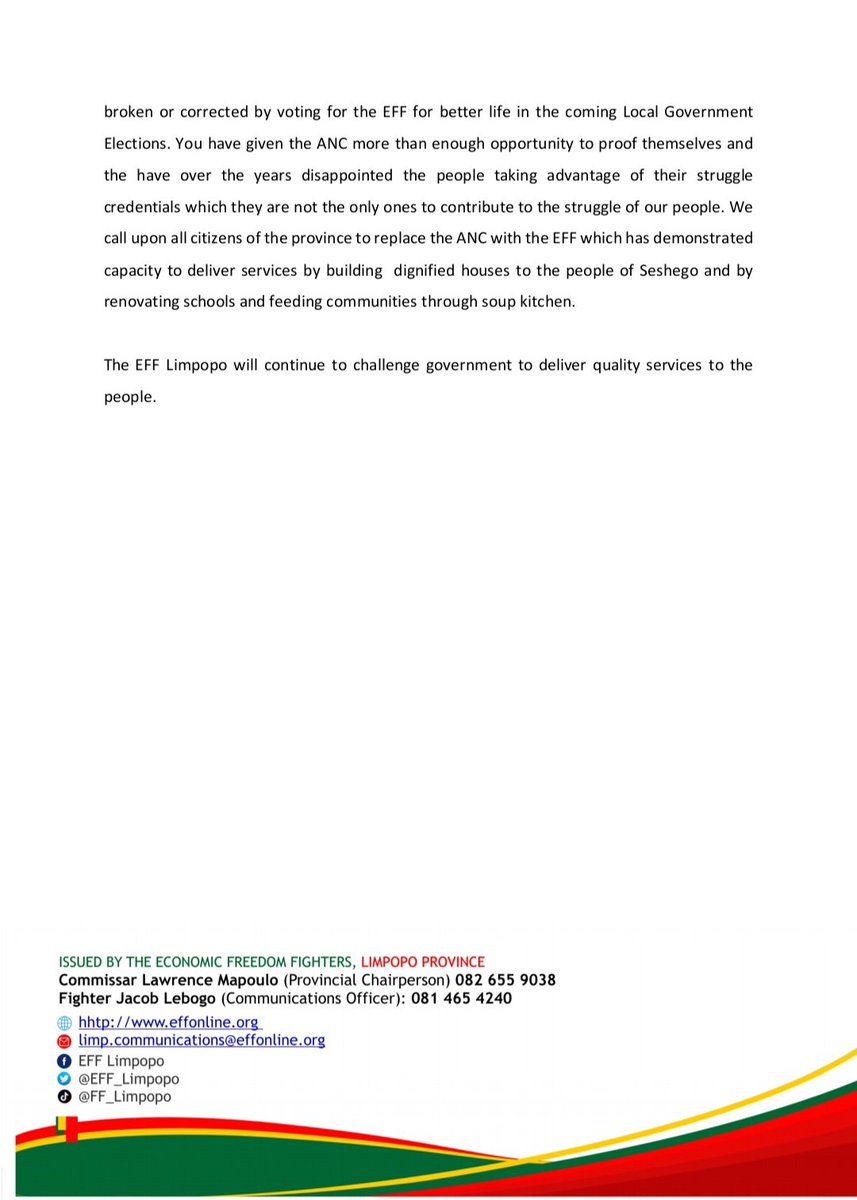 EFF_Limpopo's tweet image. ♦️Media Alert♦️

EFF Limpopo statement on collapse of services at Seshego Hospital and Zone 4 Clinic