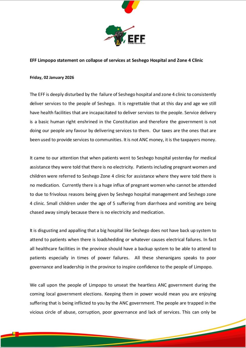EFF_Limpopo's tweet image. ♦️Media Alert♦️

EFF Limpopo statement on collapse of services at Seshego Hospital and Zone 4 Clinic