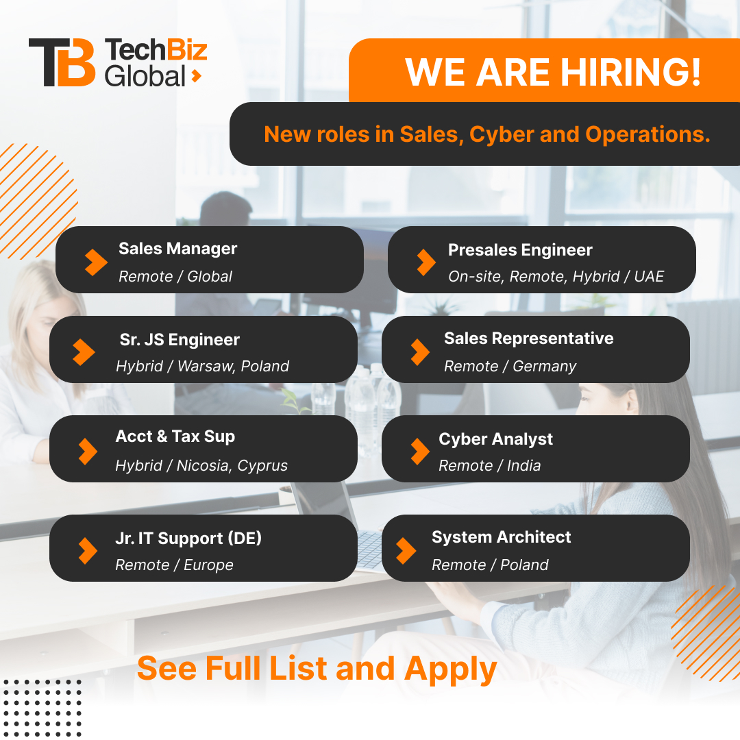 Looking for your next career move? 🚀 TechBiz Global is hiring! Roles across Tech, Sales &amp; Finance: Sales Manager, Senior JS Engineer, Presales Engineer, Cyber Analyst, System Architect &amp; more. 🌟
#Hiring #CareerOpportunities