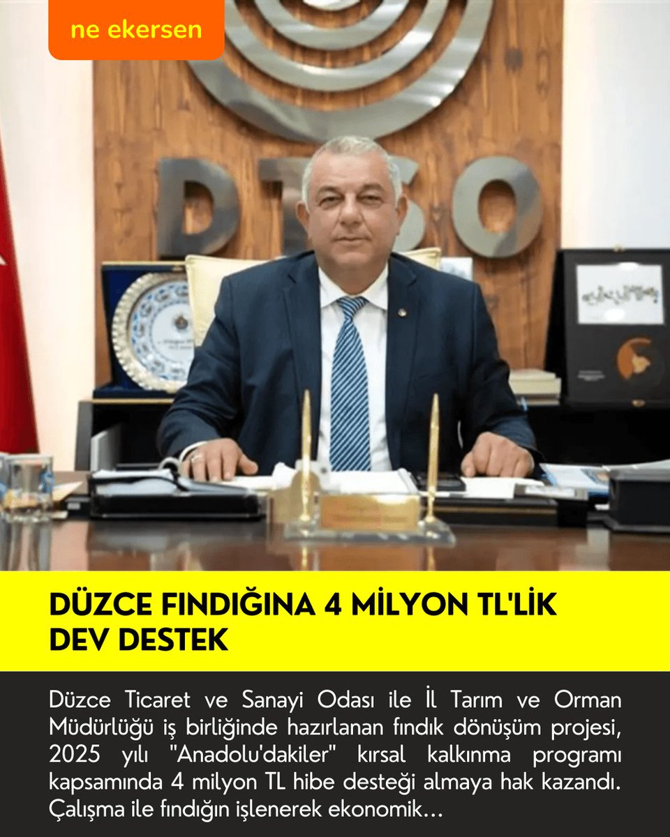 Düzce Ticaret ve Sanayi Odası ile İl Tarım ve Orman Müdürlüğü iş birliğinde hazırlanan fındık dönüşüm projesi, 2025 yılı "Anadolu'dakiler" kırsal kalkınma programı kapsamında 4 milyon TL hibe desteği almaya hak kazandı. Çalışma ile fındığın işlenerek ekonomik katma değerinin y...