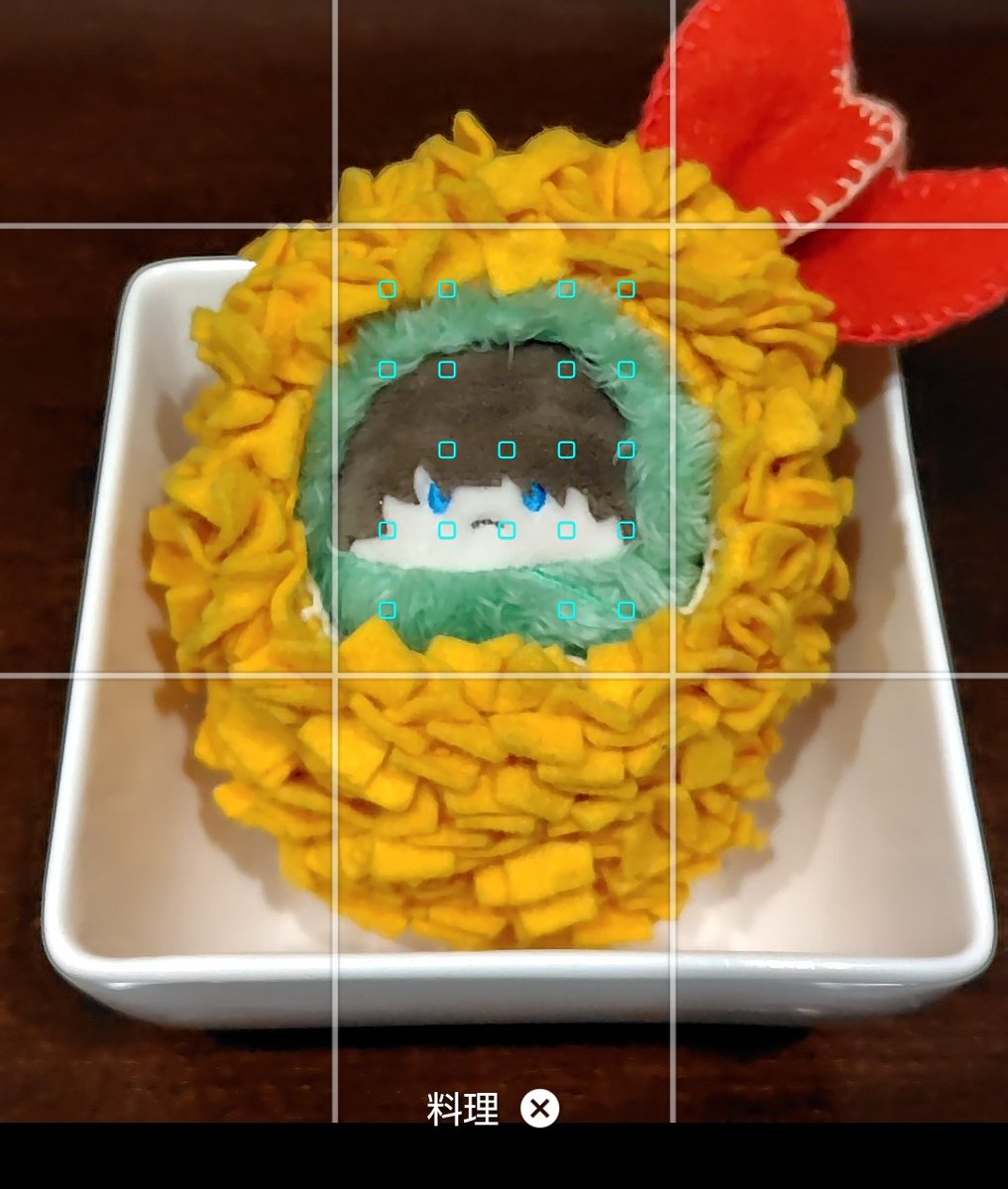 エビフライ暦先輩とフェルトの付け合わせ達の事をスマホの写真は『料理』と判定してくるので、ワタシの勝ちです。