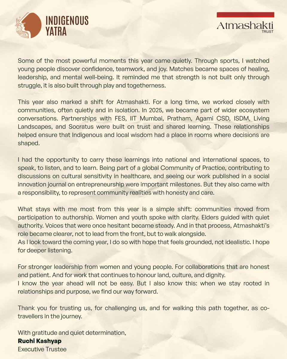 This year was shaped by reflection, growth, and the quiet work of building alongside our community. Here’s a letter from our Executive Trustee, Ruchi Kashyap, reflecting on the choices we made, our initiatives and partnerships that nurtured this year.

#HappyNewYear #NewYears